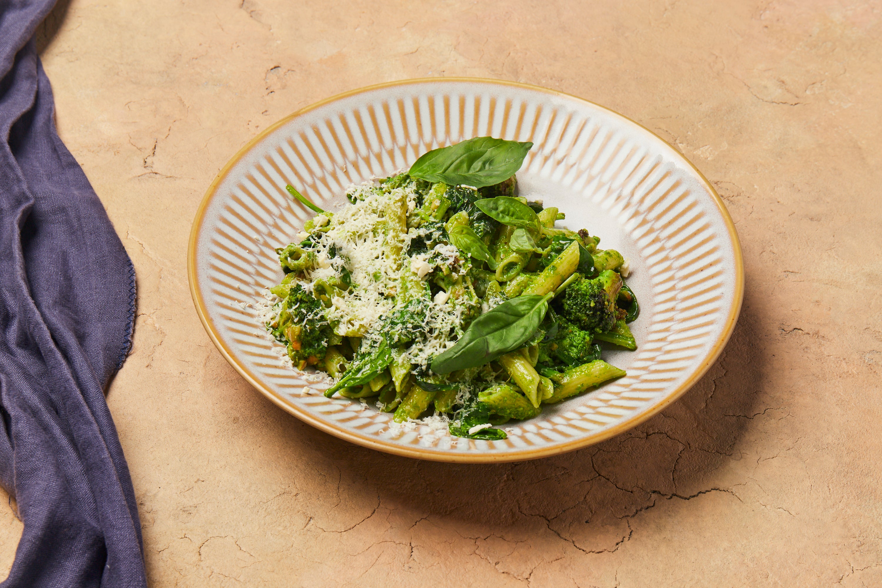 Broccoli & Spinach Pesto Pasta with Ricotta Salata