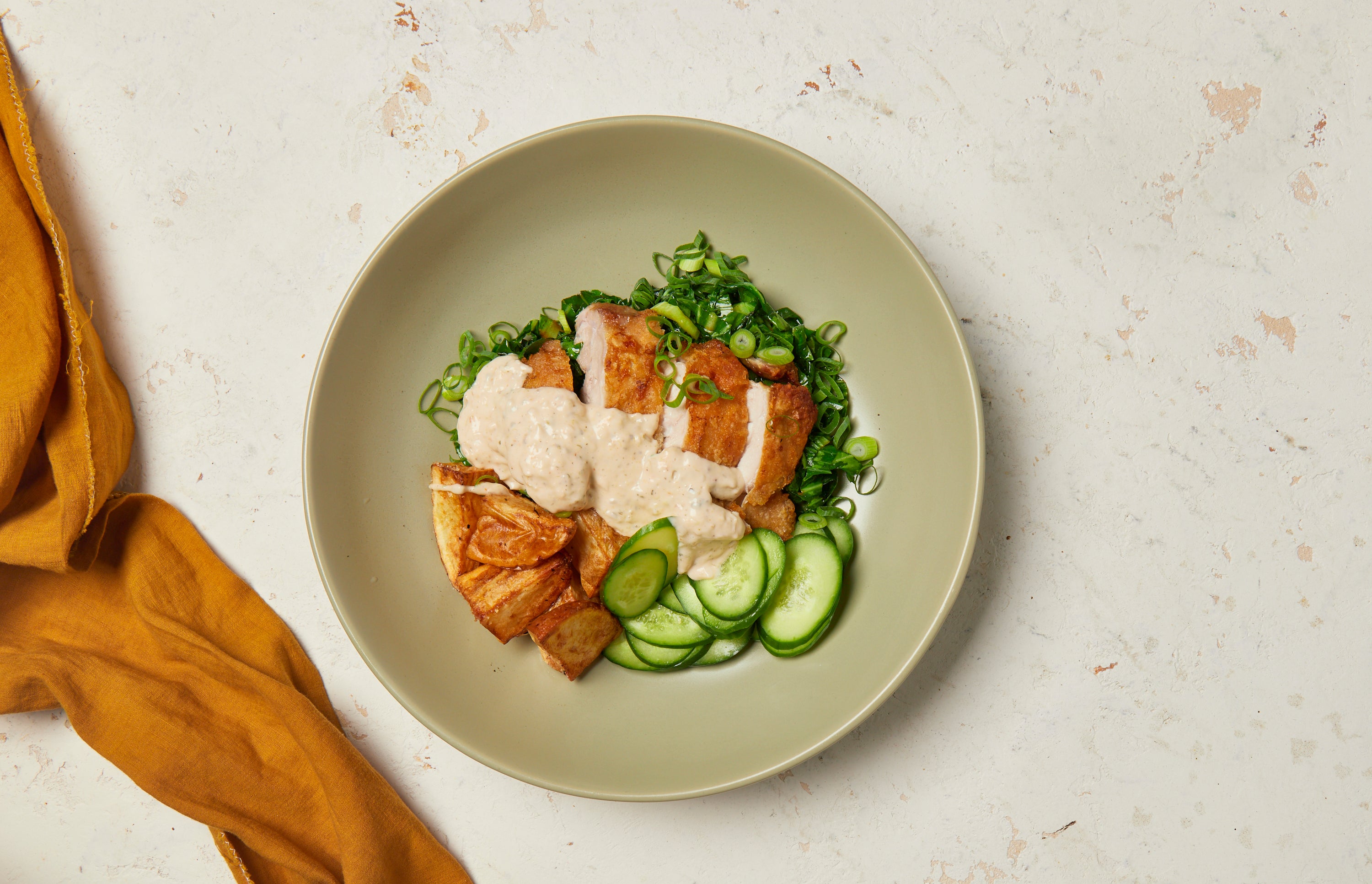 Chicken Nanban with Stir-Fried Asian Greens & Roast Potatoes