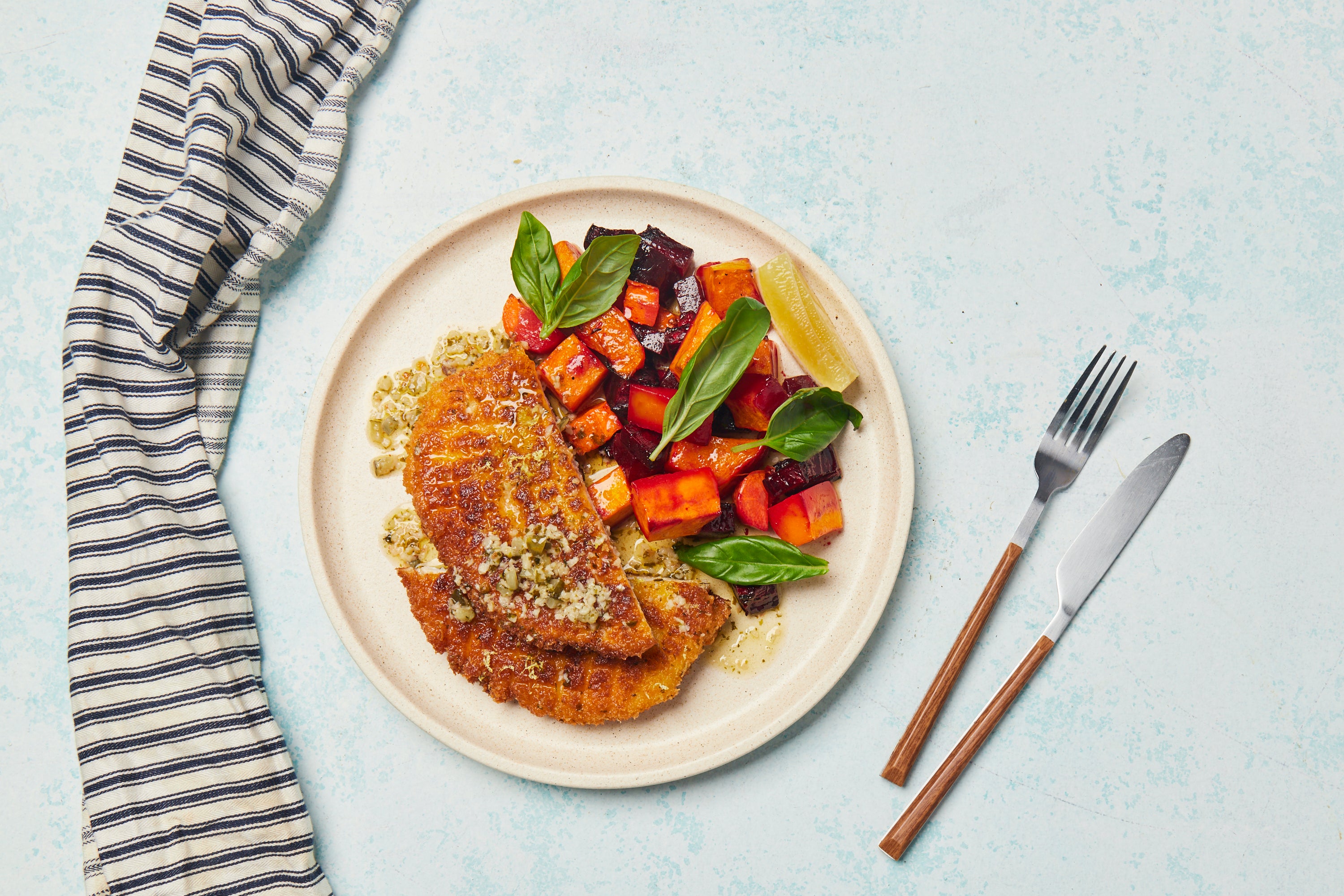 Chicken Piccata with Caper Butter, Roasted Beetroot & Pumpkin