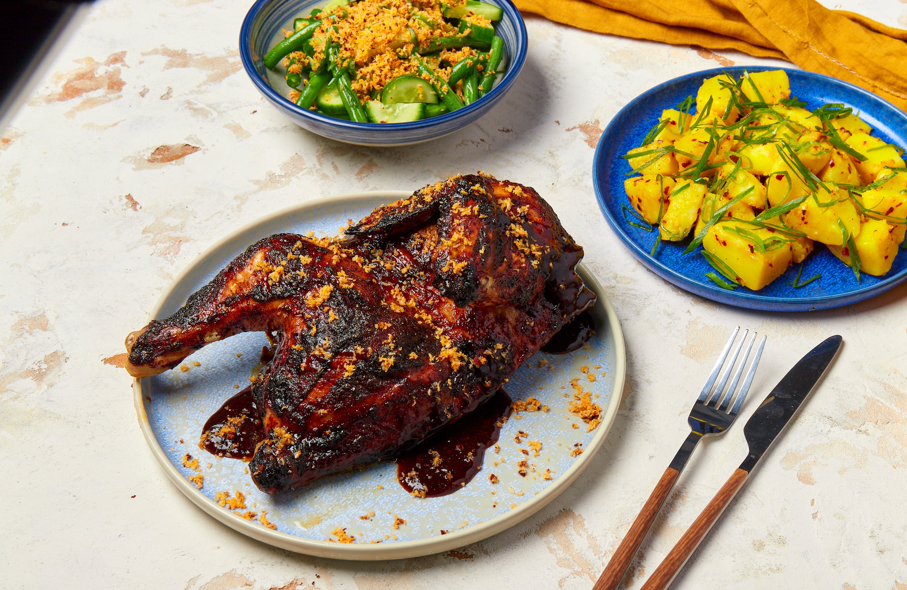 Roast Black Pepper Chicken with Turmeric Potatoes & Warm Green Bean and Cucumber Salad