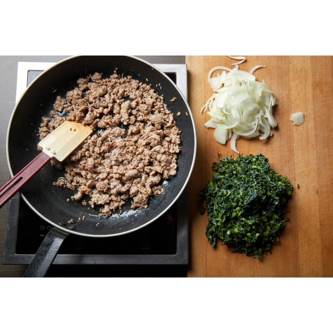 Casareja Pasta with Italian Spiced Pork Mince, Kale & Parmesan